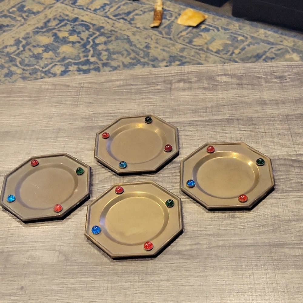 Antique Castle/ Midieval Style Brass Coasters W/ Colored Cabichons,used/Set Of 4